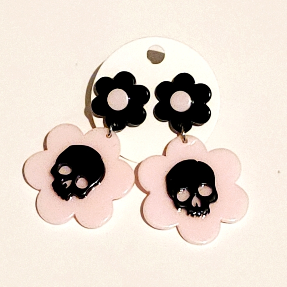 *4 for $30* Black and Pink Acrylic Skull Flower Earrings
